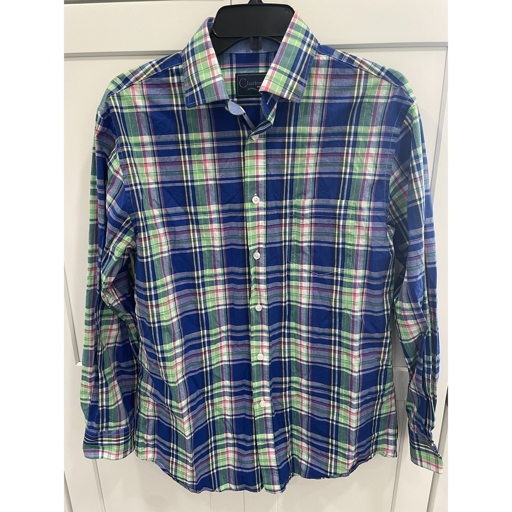 Charleston‎ Threads Mens Shirt Sz M Button Up Blue Plaid Long Sleeve B2